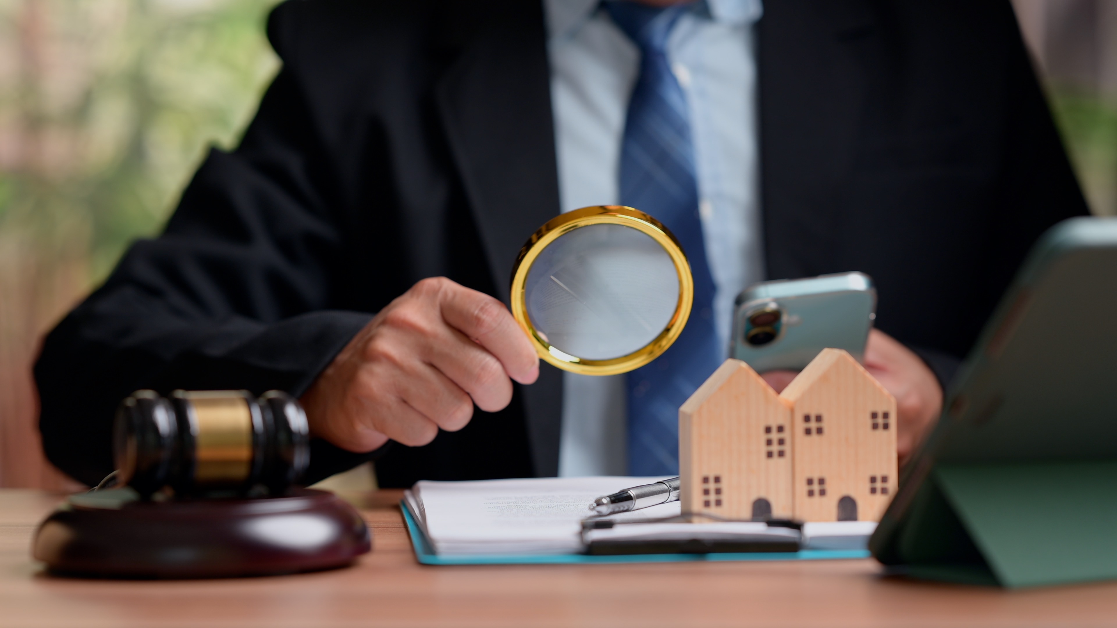 Close up of professional lawyer or real estate agent inspecting small wooden houses through magnifying glass near gavel and clipboard document for legal property auction analysis in office.